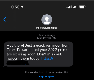 SMS Coles Rewards scam screenshot